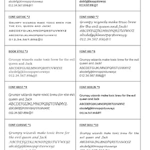 May include: A chart displaying ten different font styles with the text "Grumpy wizards make toxic brew for the evil queen and Jack!" in each font. The fonts are labelled with their names and numbers.
