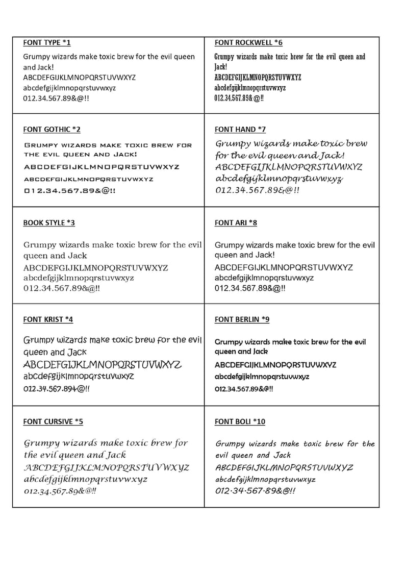 May include: A chart displaying ten different font styles with the text "Grumpy wizards make toxic brew for the evil queen and Jack!" in each font. The fonts are labelled with their names and numbers.