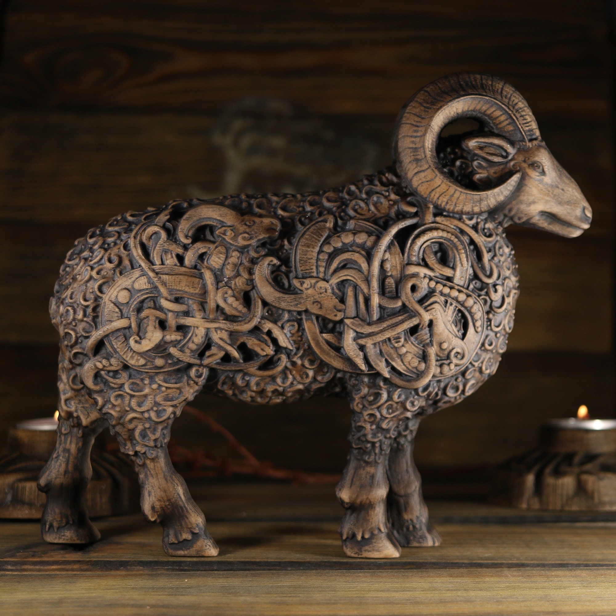 Wooden Heimdall Ram Statue: Norse Viking Decor - Etsy