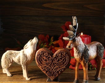 Celtic Wood Carving Statue: Wolf, Deer, Heart - Kelski Style