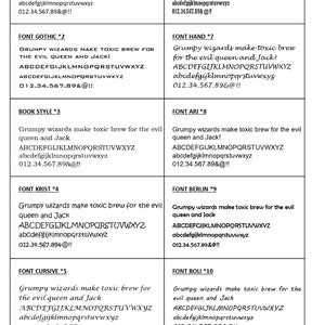 May include: A grid of text samples showcasing different font styles. Each sample includes the phrase "Grumpy wizards make toxic brew for the evil queen and Jack!" in various fonts, along with uppercase and lowercase alphabets and numbers.