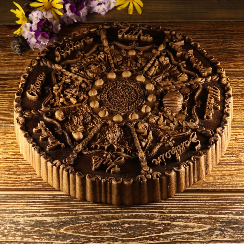 Peut inclure: Une d&eacute;coration murale ronde en bois avec des sculptures complexes repr&eacute;sentant une roue de l'ann&eacute;e avec les noms des huit sabbats&nbsp;: Yule, Imbolc, Ostara, Beltane, Litha, Lammas, Mabon et Samhain.