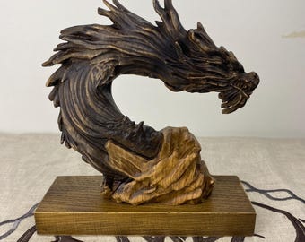 Wooden Dragon Head Statue | Fantasy Home Decor | Mystical Gift