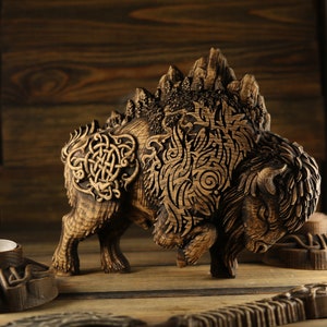 Norse pagan, Bison figurine, Bison statue American Bison Buffalo statue Bull sculpture Norse decor Norse mythology Celtic knot Wood carving