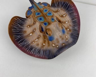 Wooden Stingray Sculpture, Minimal Ocean Animal Figurine, Coastal Home Decor