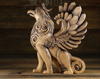 Wooden Griffin Statue: Greek Mythology Decor, Fantasy Creature