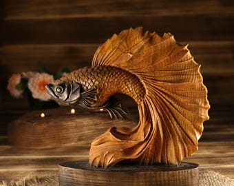 Wooden Betta Fish Statue Feng Shui Figurine Hand Carved Koi Carping Art Home Decor