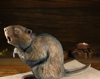 Wood Carved Beaver Statue: Ash Wood Animal Totem, Home Decor