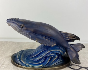 Wooden Whale Sculpture – Ocean Waves Nautical Art, Wood, Coastal Decor Sea Lover Gift