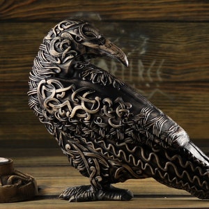 Norse Raven Statue: Wood Carving, Viking Decor
