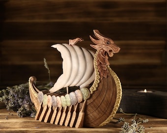 Wooden Viking Drakkar Dragon Boat Statue: Viking Mythology Decor