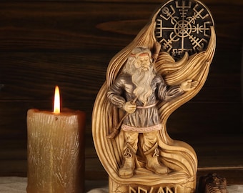 Austria Gnome Statue: Norse Dwarf with Runes  Mythology Decor Wood Carved Norse altar Viking