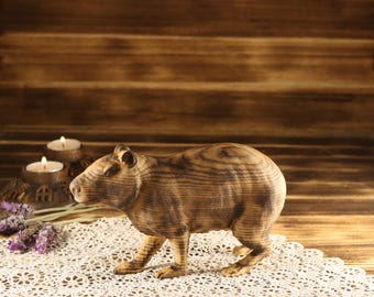 Wooden Capybara Statue, Hand Carved Animal Figurine, Wildlife Decor, Natural Wood Sculpture