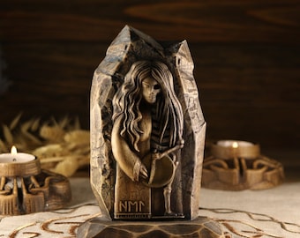 Wood Carved Hel Statue: Norse Pagan Goddess Altar Decor