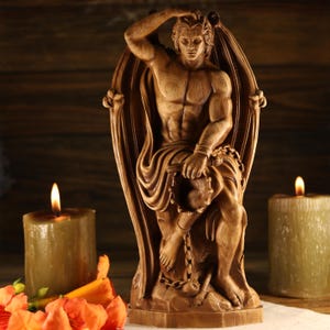 Lucifer altar Lucifer statue Demon statue Satan statue Fallen angel Occult décor Devil statue Devil art Witchcraft Satanism Woodcarving