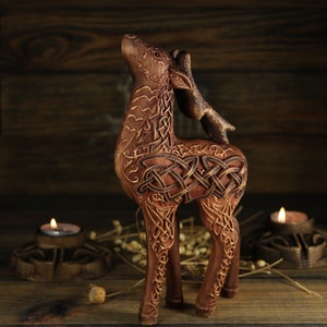 Hand Carved Ash Wood Deer Figurine: Viking Norse Decor