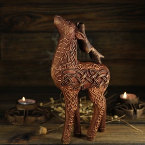 Wooden Deer figurines, Deer statue, Viking decor Norse deer  Norse mythology Viking statue Norse pagan Flocked deer Wood carving Celtic deer