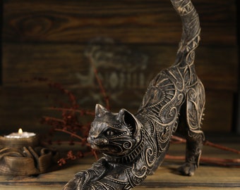 Cat statue, Wooden cat statue Bastet Cat sculpture Cat figurine Egyptian cat Norse mythology Black cat Freya cats Wood carving Decor Gothic