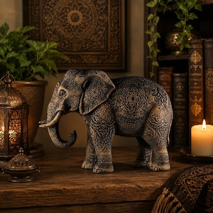 Wooden elephant figurine featuring ash-grey and subtle bronze highlighted lotus patterns on a solid charcoal black wood background.