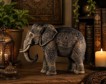 Hand Carved Indian Elephant Sculpture,Elephant Statue with Traditional Carving, Boho Decor