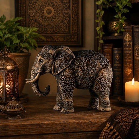 Hand Carved Indian Elephant Sculpture,Elephant Statue with Traditional Carving, Boho Decor