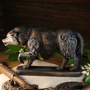 Viking wolf Fenrir Wolf statue Norse mythology Viking knot Norse wolf Celtic knot Wooden wolf Wolf fenrir Wolf decor Wolf art Carved wolf