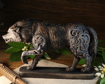 Fenrir Wolf Statue: Viking Norse Mythology Decor Wood Carving Knot