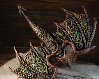 Wooden Dragon Statue: Norse Pagan Decor with Celtic Knot