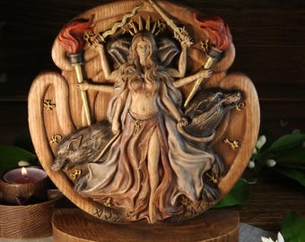 Dreifach Mond Hekate Statue: Hölzerne Griechische Göttin Altar, Hexerei Dekor