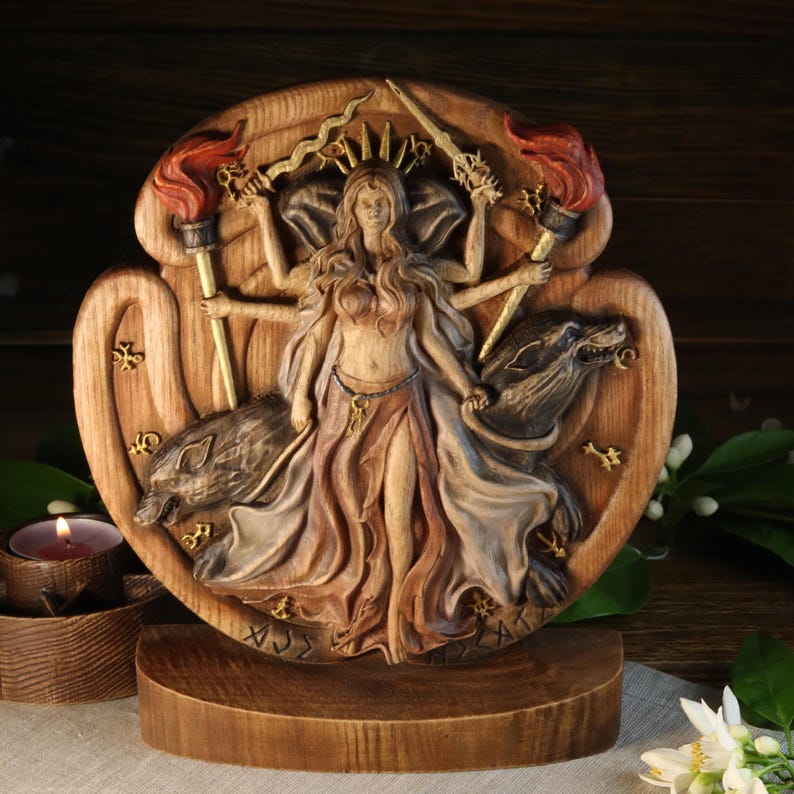 Triple Moon Hecate Statue Wooden Greek Goddess Altar Witchcraft Decor triple-moon-hecate-statue-wooden-greek-goddess-altar-witchcraft-decor