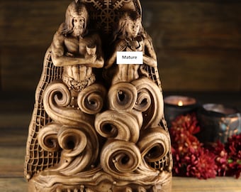 Aegir and Ran Wood Carving: Norse Pagan Altar Statue