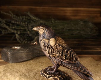 Carved Ash Wood Raven Sculpture – Moonlit Forest Pagan Altar Art