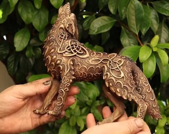 Norse Wolf Statue: Carved Ash Wood Decor Celtic Knot Fenrir