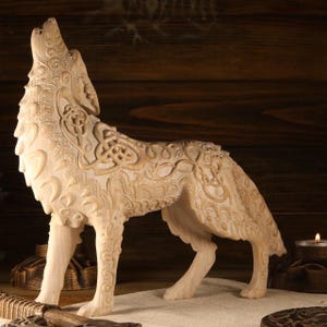 Celtic wolf Wolf statue Celtic knot  Howling wolf Viking wolf  Norse mythology Fenrir Pagan statue Wolf figurine Wooden wolf Wood carving