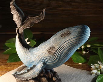 Wood Blue Whale Figurine: Ocean Decor Sculpture Wood carving Sea animals