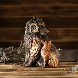 Bear Fox Statue Pagan Celtic  Knot Wood Carving Norse Mythology