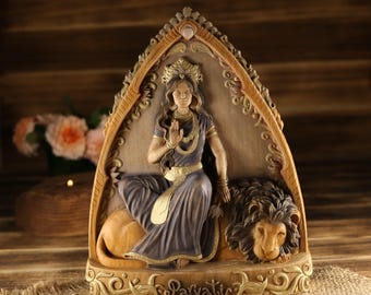Parvati Wooden Statue Hindu Goddess Parvati Carving Lion Shrine Hand Carved Altar Decor Idols
