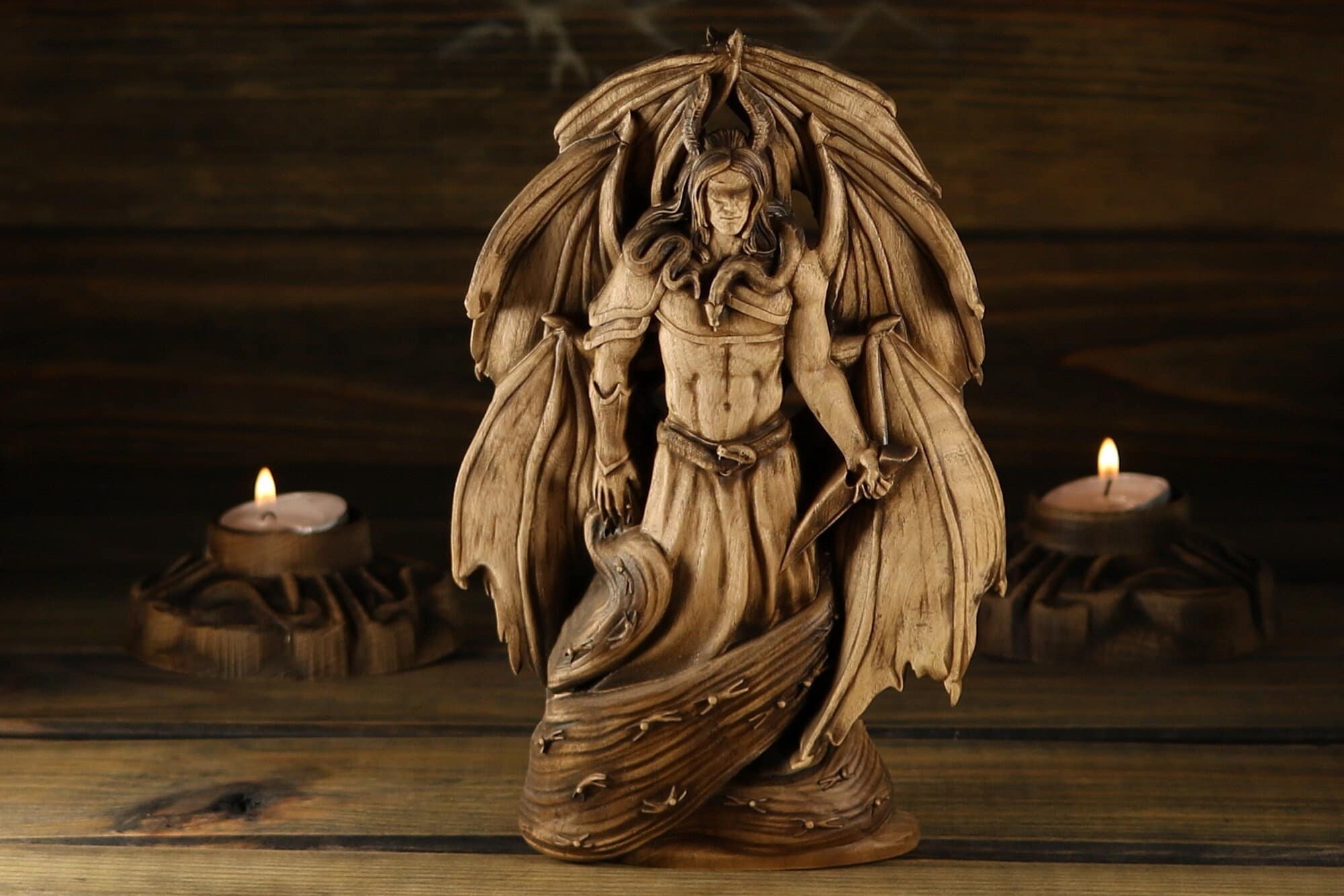 Samael, Demon statue, Lilith, Satan Lucifer morningstar Baphomet statue Fallen angel statue Occult decor Angel of death Wood carving statue