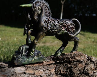 Black Unicorn Sculpture, Gothic Fantasy Decor with Color Gradient, Unique Witchy Home Art Gift
