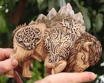 Buffalo Statue American Bison Bull Sculpture: Wood Carving Norse Mythology Celtic Decor Celtic Knot