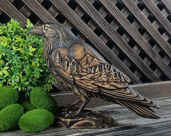 Carved Ash Wood Raven Sculpture – Moonlit Forest Pagan Altar Art