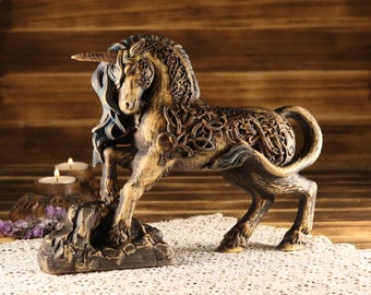 Celtic Unicorn Hand Carved Wood Statue, Fantasy Decor Sculpture Mythical Creature Figurine