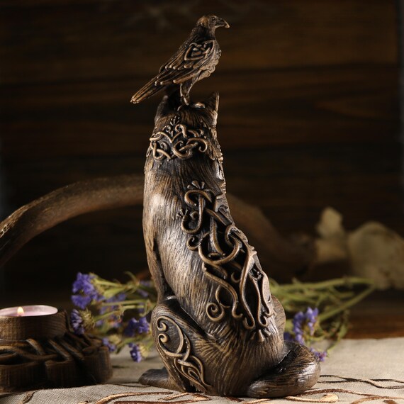 Ash Wood Wolf and Raven Statue: Norse Pagan Decor - Etsy Norway