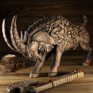 Norse pagan, Goat Thor, Goat statue Tanngrisnir, Tanngnjóstr, Goat figurine Wood carving Wooden statue Viking goat Wood goat Norse mythology
