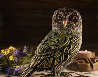 Carved Ash Wood Owl Statue: Celtic Viking Decor (5.9 Inches)