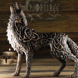 Wolf statue, Viking wolf Fenrir, Wolf sculpture Norse mythology Wolf decor Norse wolf Celtic knot wolf Howling wolf art Woodcarving Figurine