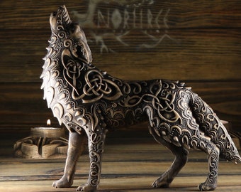 Wolf statue, Viking wolf Fenrir, Wolf sculpture Norse mythology Wolf decor Norse wolf Celtic knot wolf Howling wolf art Woodcarving Figurine