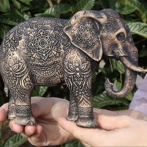 High-end collectible wood sculpture of a sacred Indian elephant, finished with protective clear satin varnish.