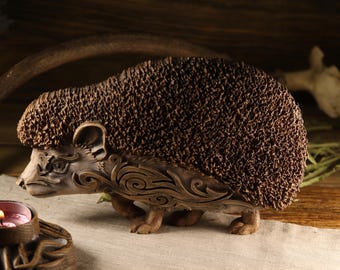 Carved Ash Wood Hedgehog Statue: Woodland Animal Figurine