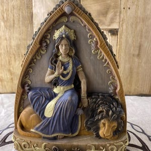 Wooden Parvati Statue with Lion, Hindu Goddess Sculpture, Shakti Energy Altar Decor
